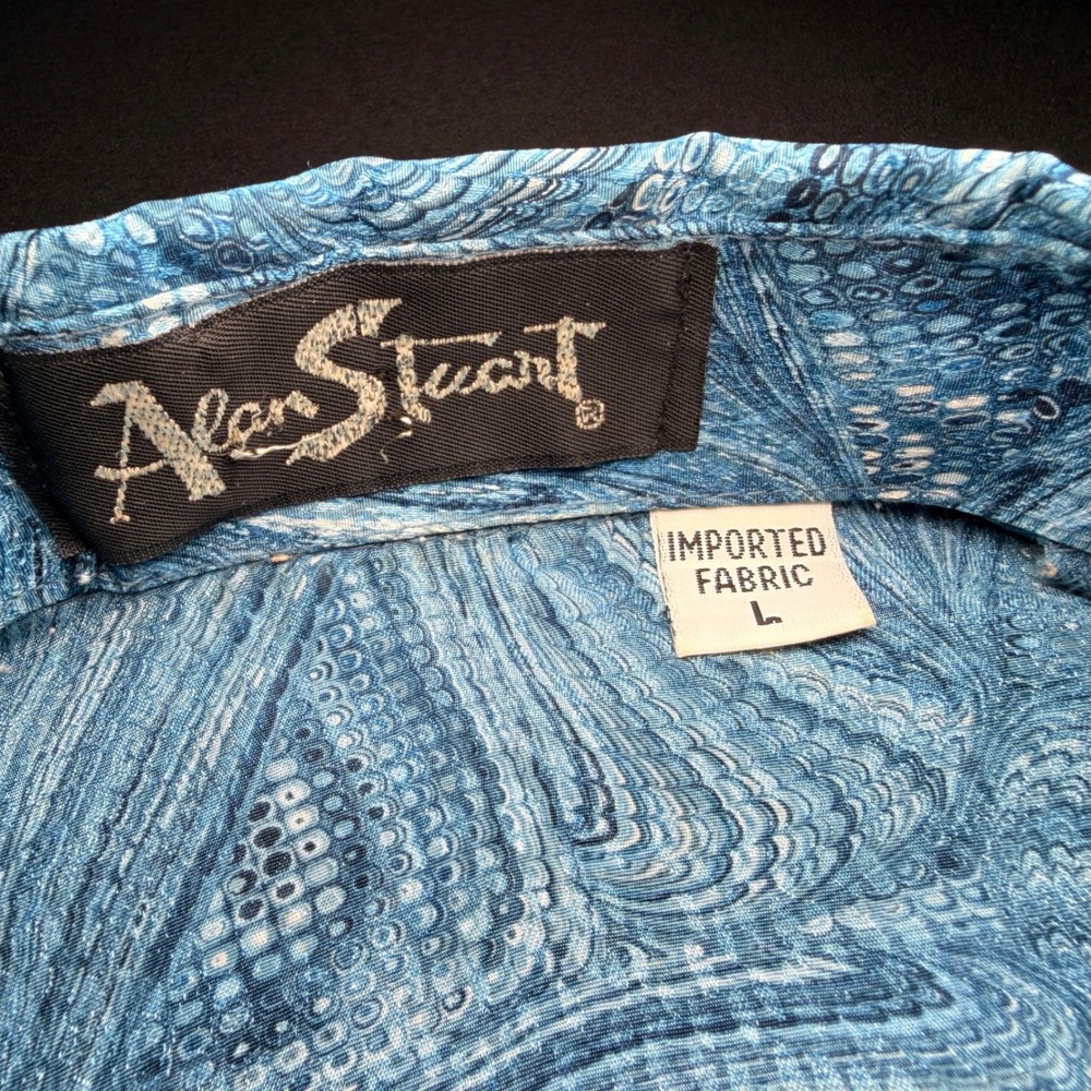 VTG Alan Stuart Polo Shirt Mens Large Blue Shiney Marbled Snake Print Banded Mob - Picture 10 of 14